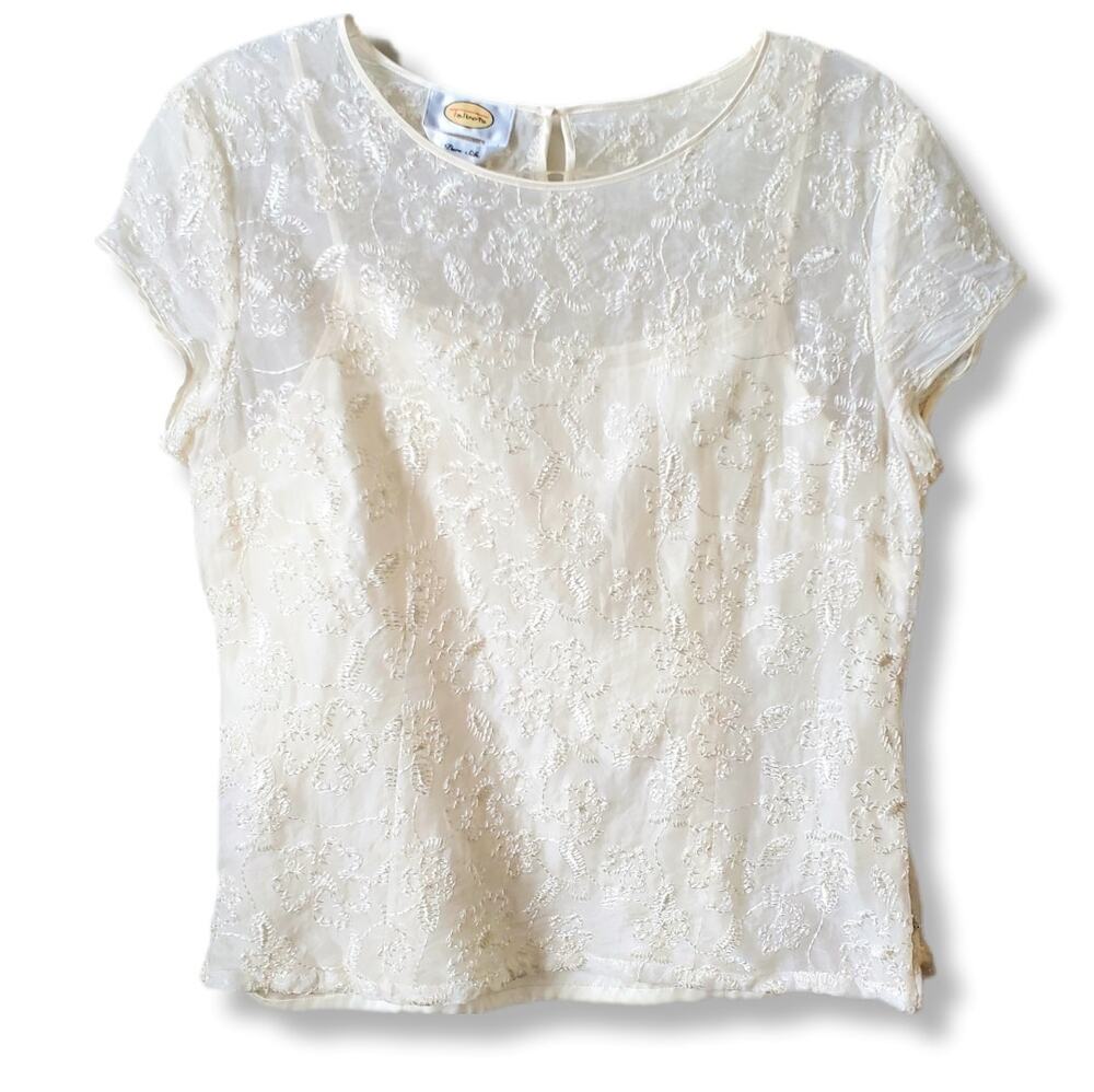 Women Talbots 90s Silk Sheer Blouse Top M Embroidered Coquette Cottage Twee